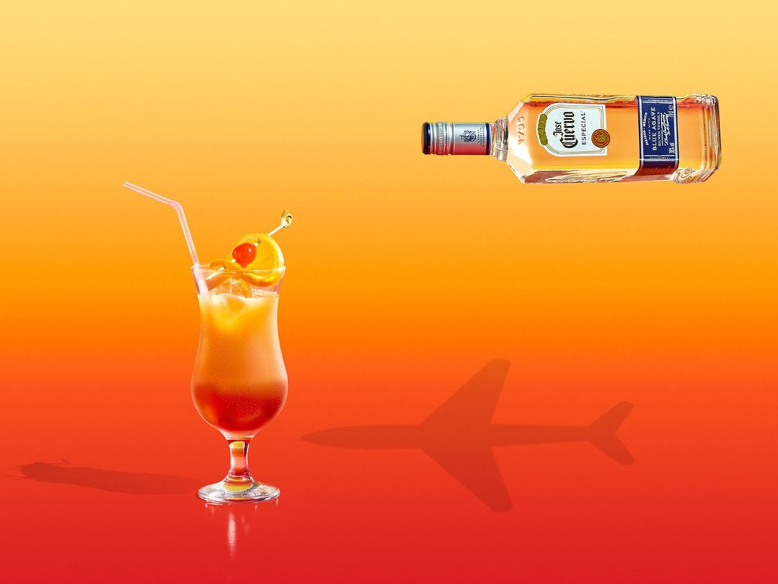 Jose Cuervo tequila sunrise cocktail in TWA airline theme