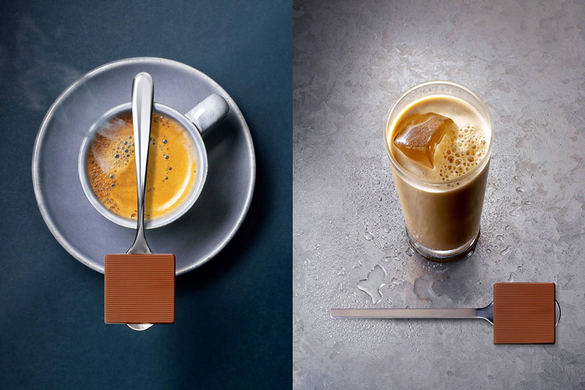 koffie en ijskoffie met chocolade carré
