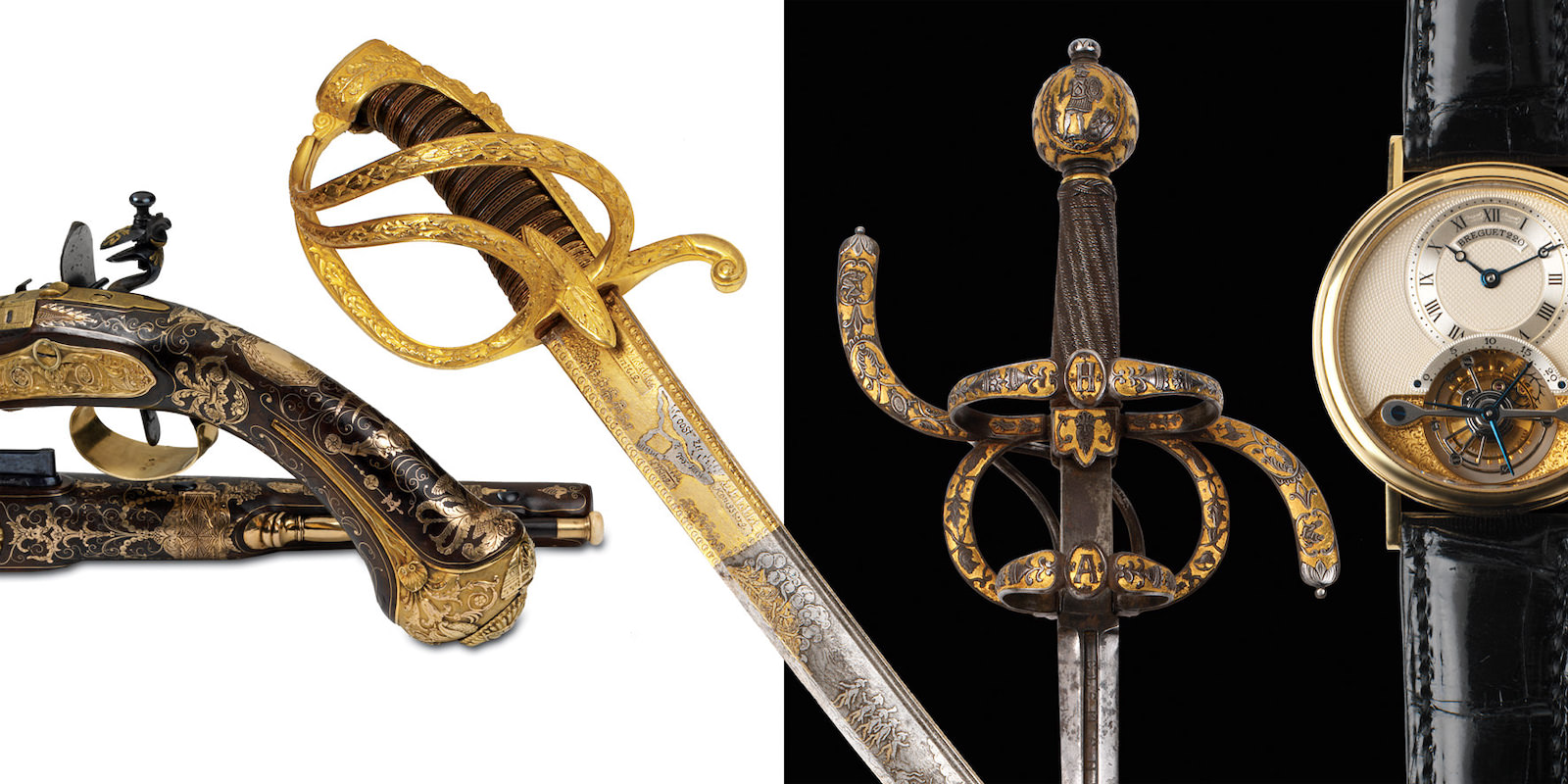 antieke zwaarden, pistolen en uurwerk