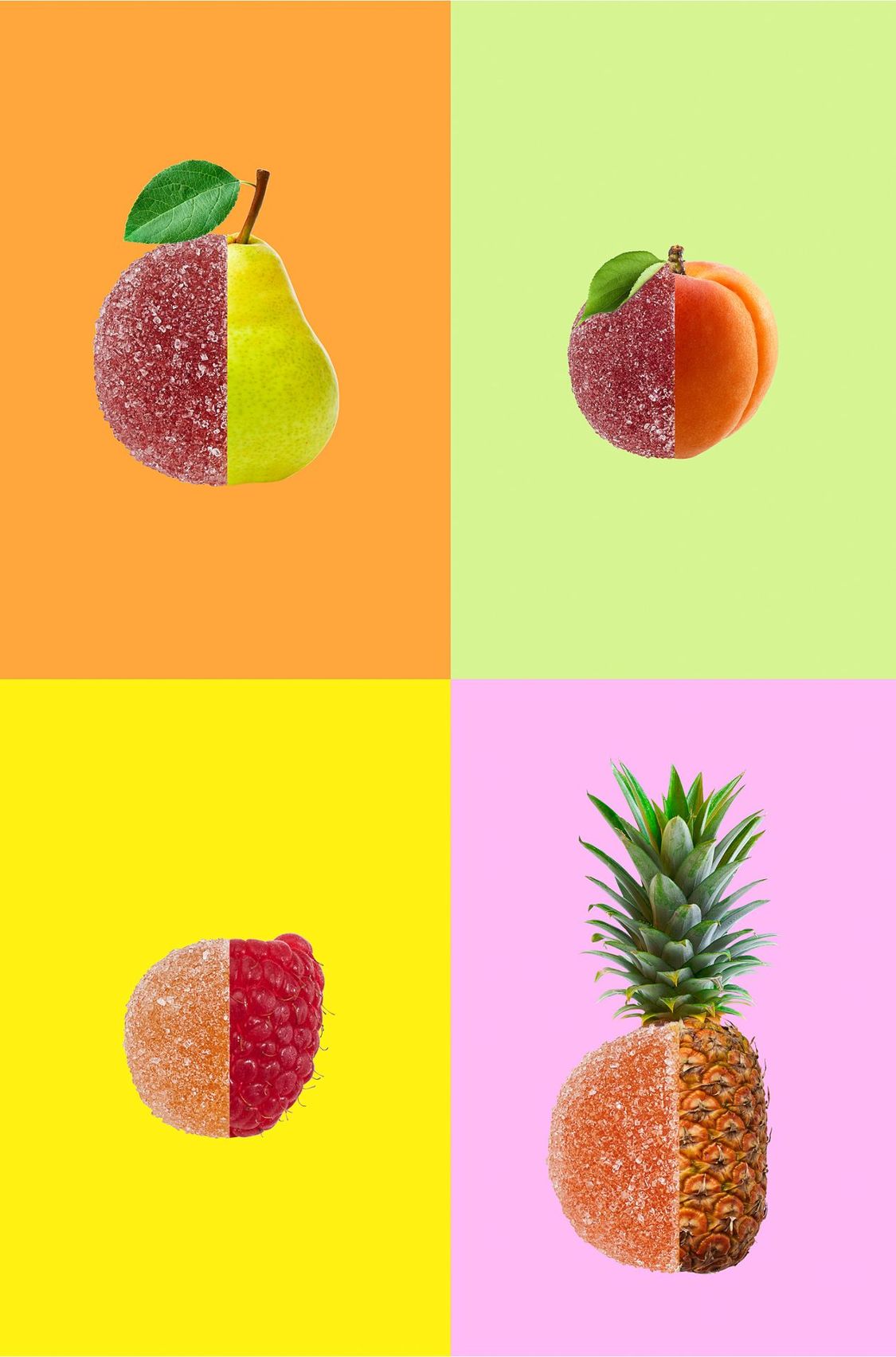 Confidas pâtes de fruit met fruit peer perzik framboos ananas