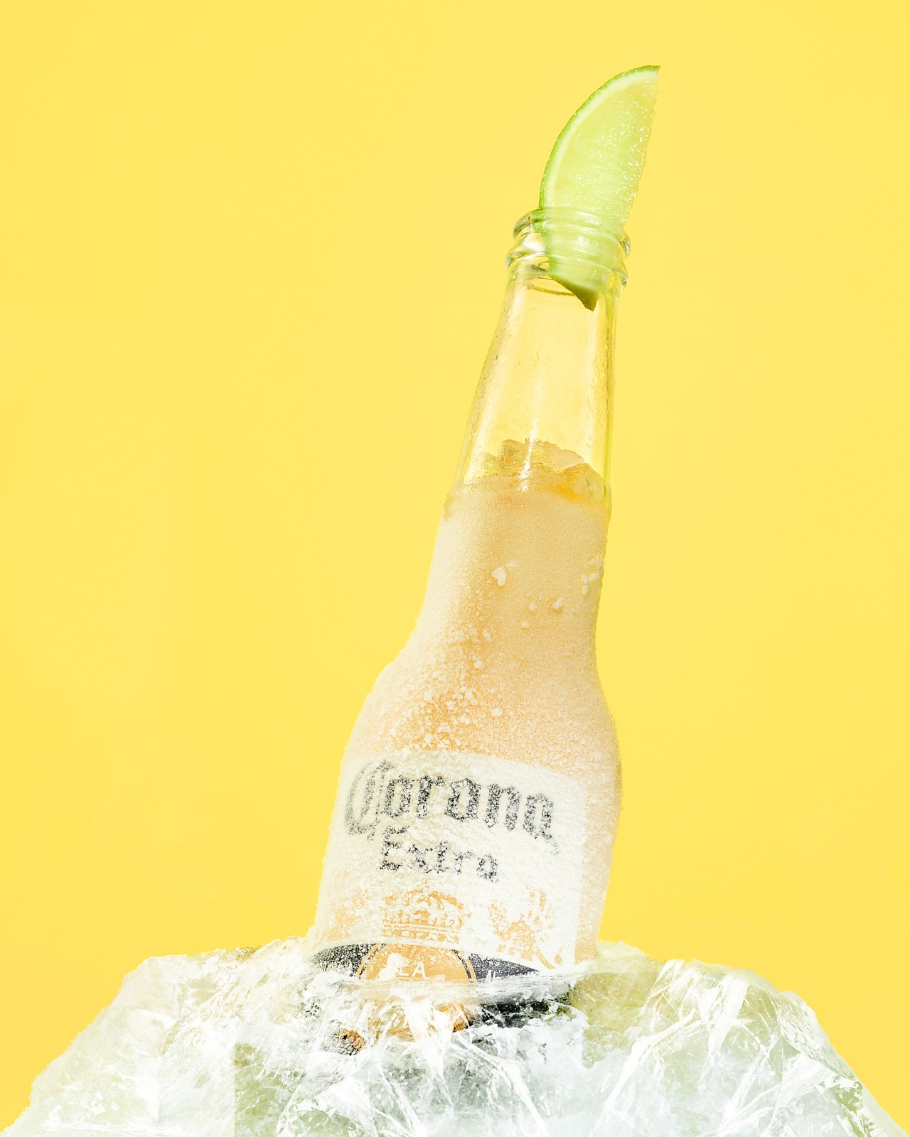 Corona bottle with lime wedge frozen in ice block