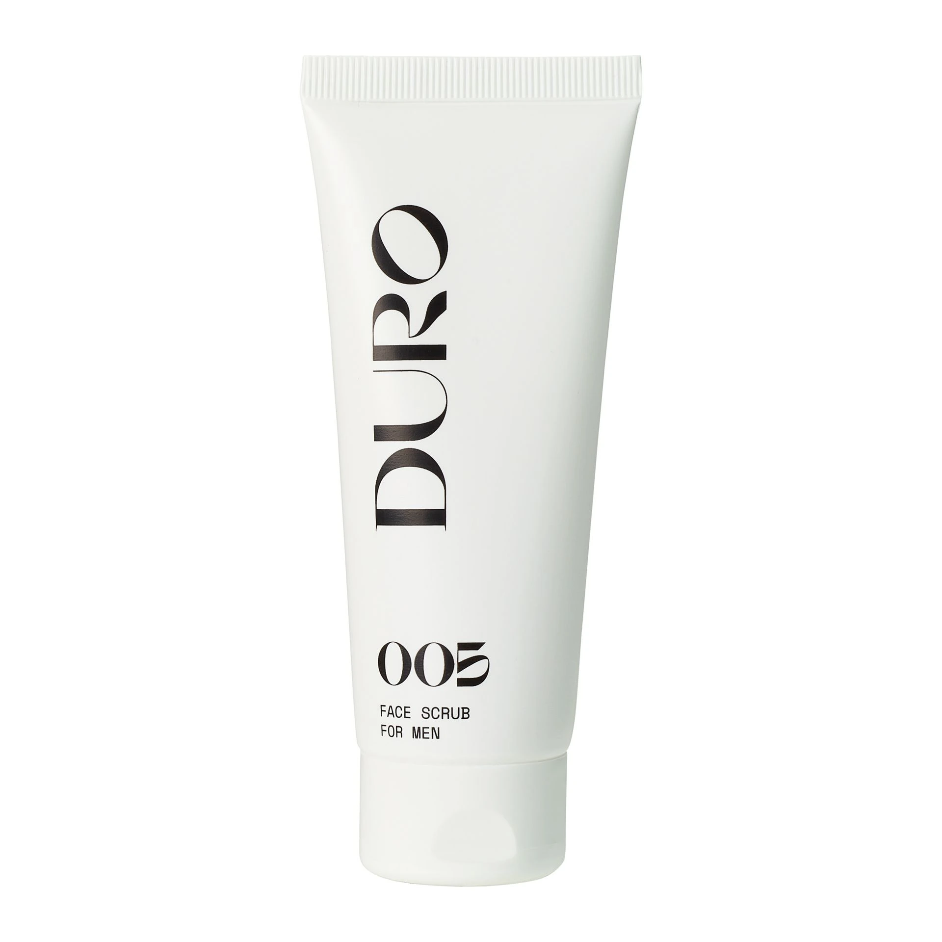 Duro 005 face scrub tube standing upright on white, front label to camera, Studio Ballena