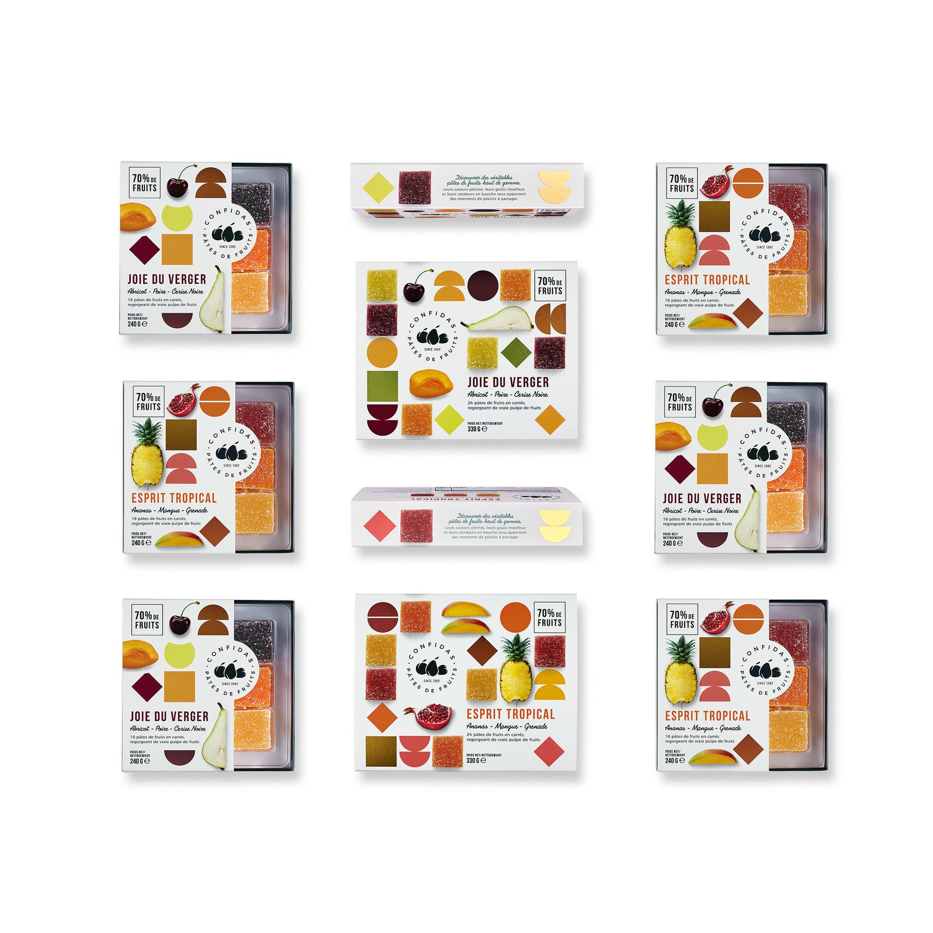 Confidas pâtes de fruits boxes and bars in two flavours, laid out in a grid on white, Studio Ballena