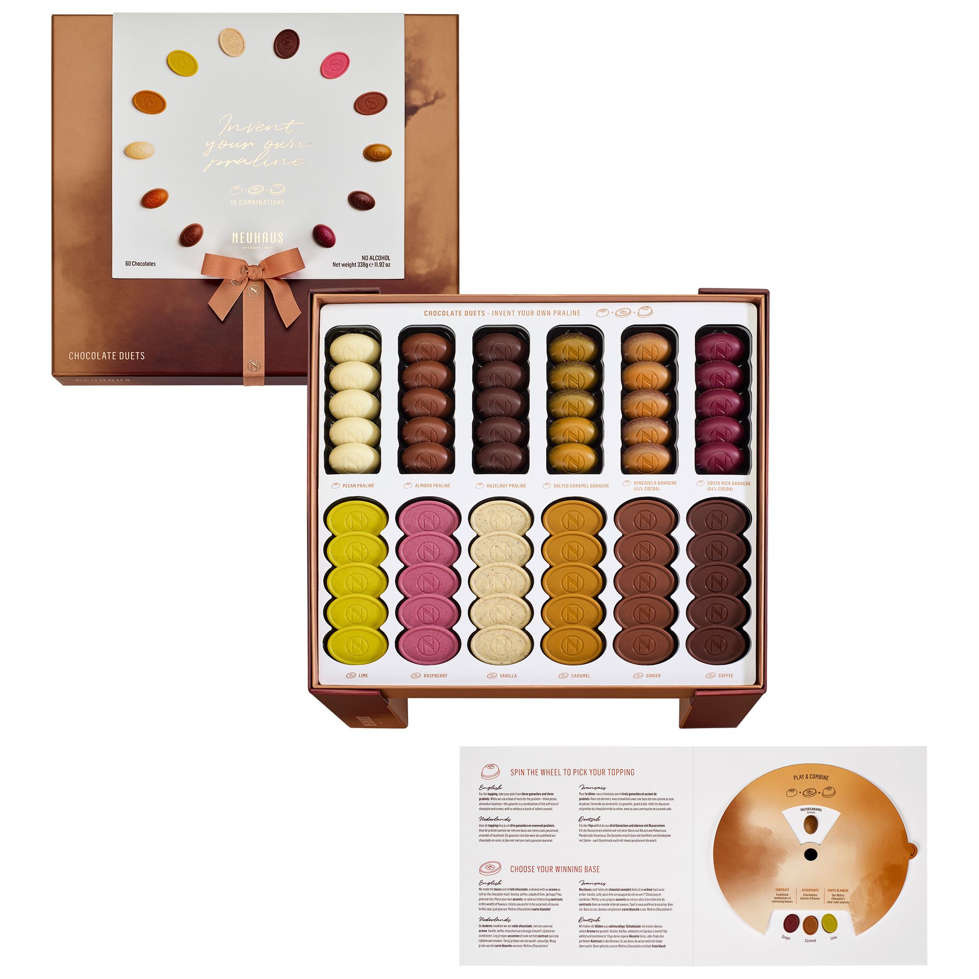 Neuhaus Chocolate Duets box closed beside the open box, pralines in flavour rows, on white, Studio Ballena