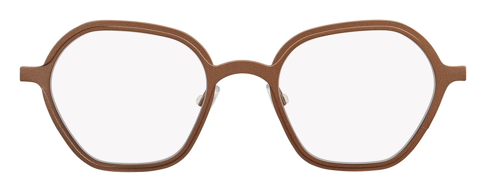 Eyeglasses with a hexagonal frame in shaded powder, front view on white, Studio Ballena