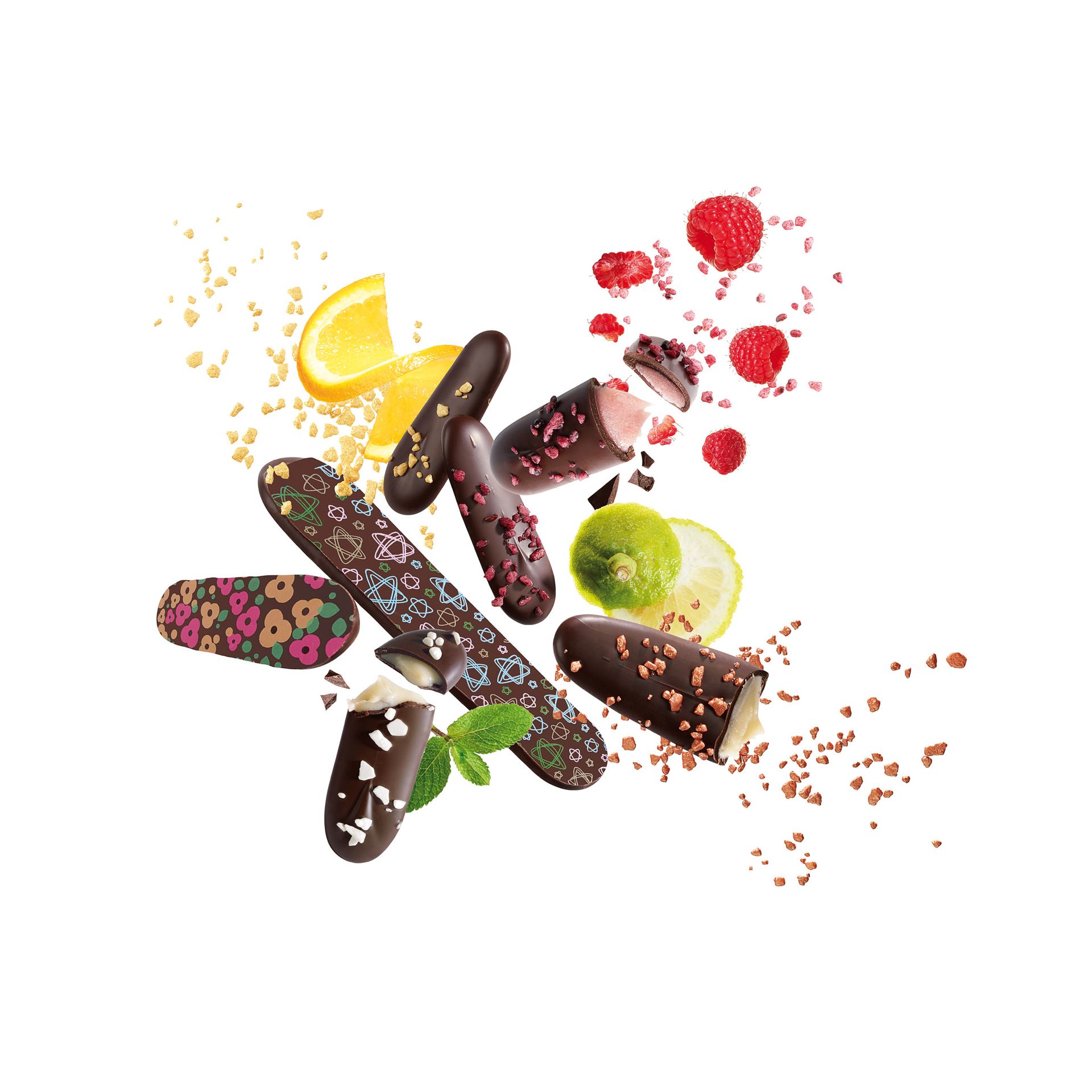 Decorated chocolate bars flying apart with orange, lime and raspberries, on white, Studio Ballena