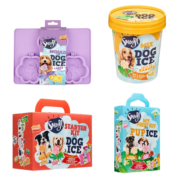 Smoofl dog ice range: paw mould, banana mix tub, starter kit and pup ice kit, packshots on white, Studio Ballena