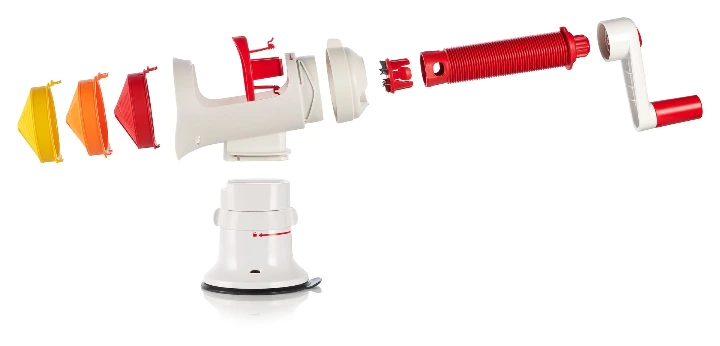 Tupperware spiral cutter in exploded view with its blades and handle, packshot on white, Studio Ballena