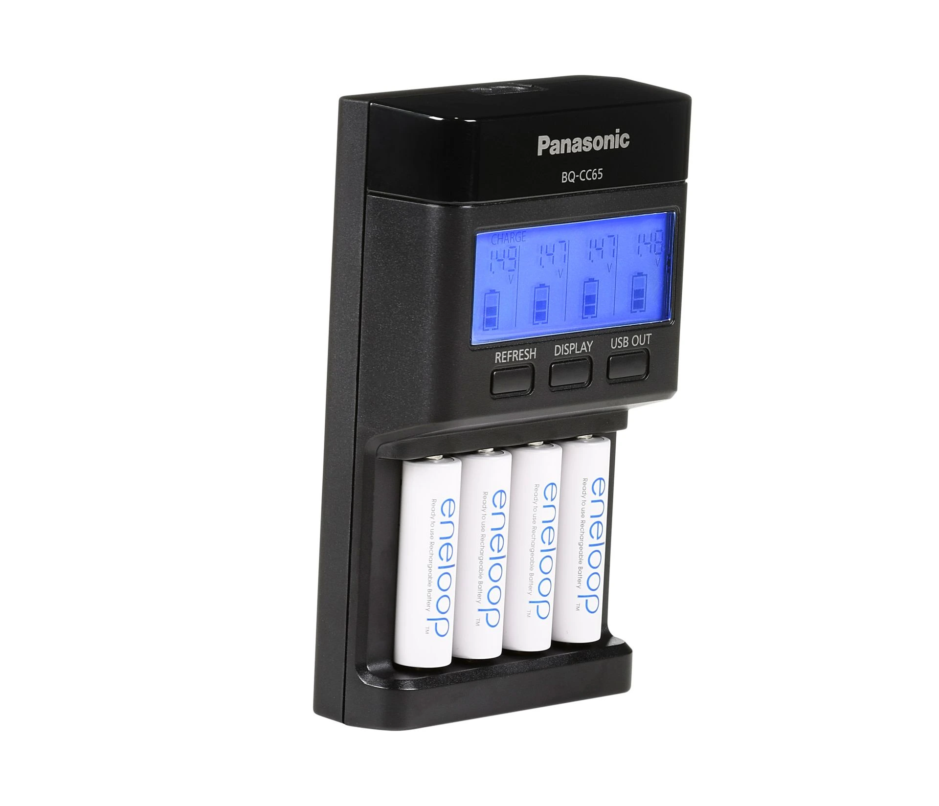 Panasonic BQ-CC65 battery charger with four Eneloop batteries, packshot on white, Studio Ballena
