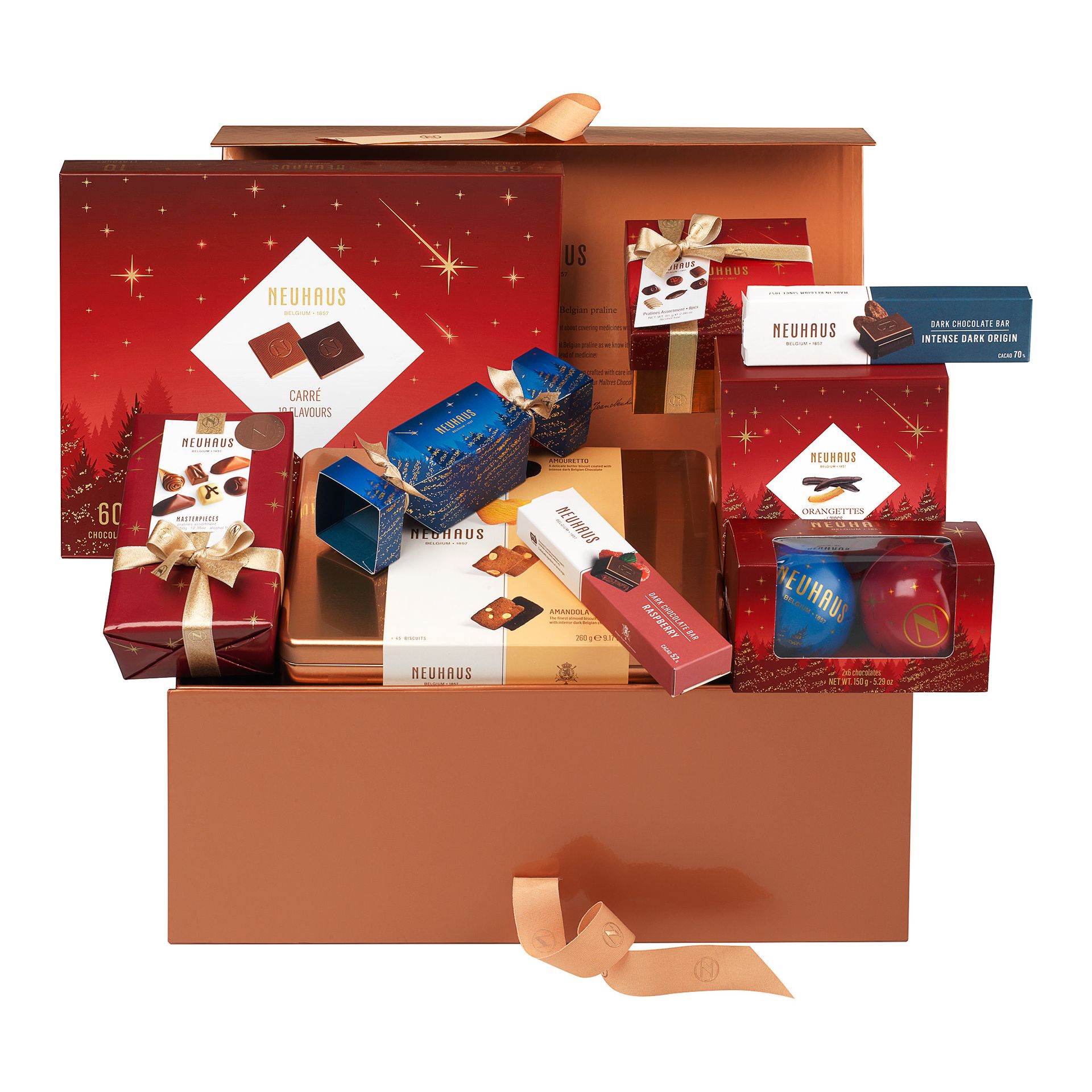 Neuhaus Christmas hamper, copper gift box filled with chocolate boxes and bars, packshot on white, Studio Ballena